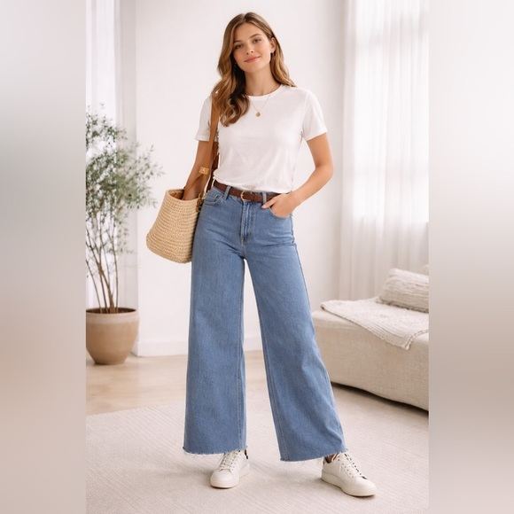 Everly Denim - EVERY High Rise Wide Leg Jeans Light Wash Raw Hem Size 2